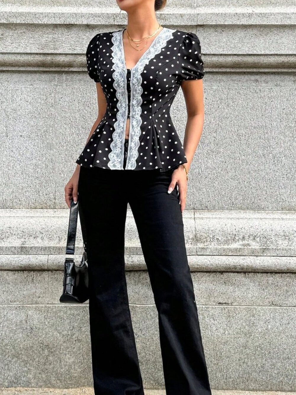 Black and White Casual Women's Elegant Lace-Trimmed Open Placket Blouse - Picture 5 of 5